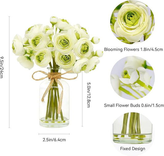 Ranunculus Artificial Flowers with Vase, 8 Pcs Faux Silk Ranunculus Flower in Vase, Small Flower Arrangements for Home Decor Indoor, Table Centerpiece. (Green)