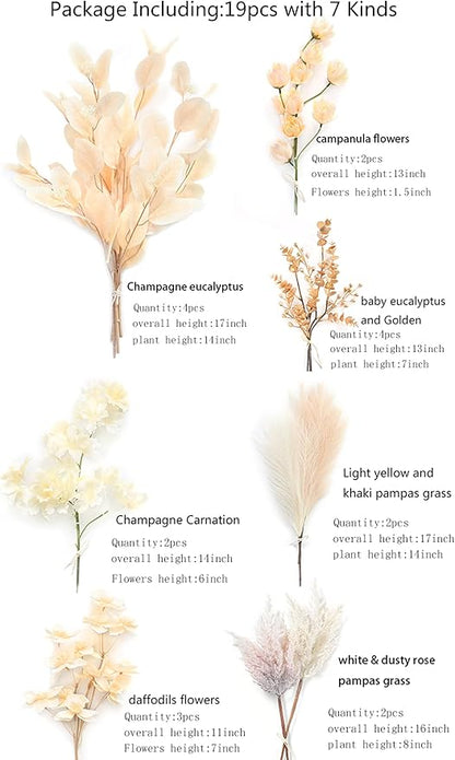 Serra Flora Artificial Greenery Spray Box Set(Pack of 19pcs) with 7 Kinds of DIY Wedding Bouquet Filler Table Centerpieces and Floral Arrangement (Champagne)