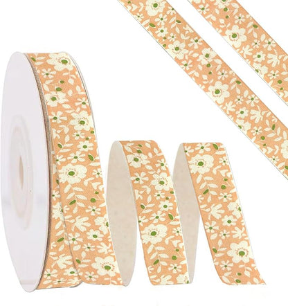 Orange Floral Ribbon 5/8" x 10Yards Vintage Flower Ribbon for Bow Wreath Craft Gift Wrap, Floral Flowers Printed Cotton Ribbons for DIY Handmade Hair Bow Festival Wedding Home Party Decor