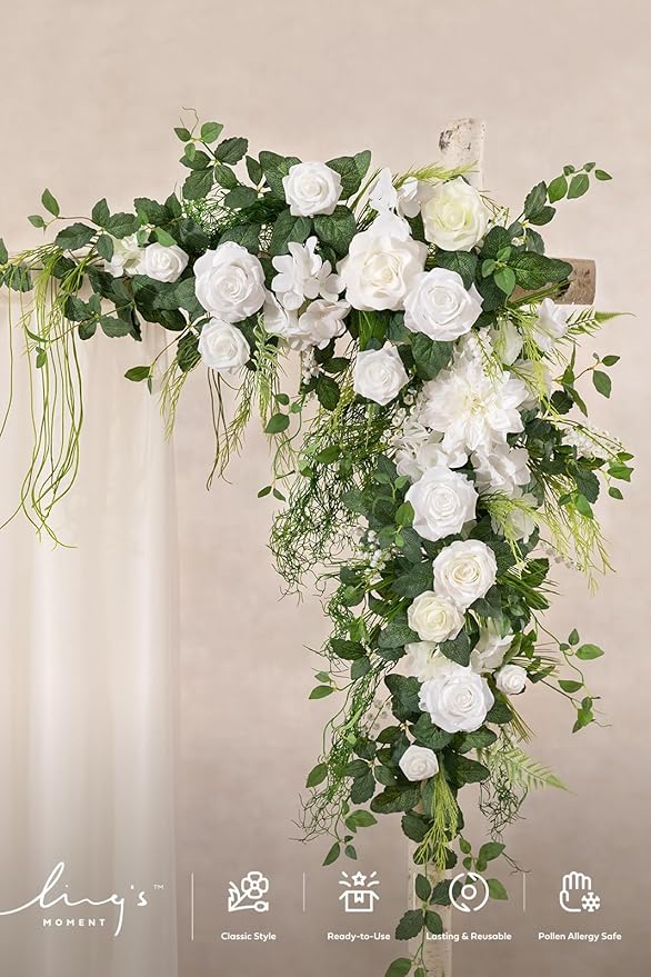 Ling's moment Wedding Arch Flowers - 6.5FT Floral Garland for Ceremony Arbor Backdrop Decoration - Artificial Rose Floral Swag for Sweetheart Table Birthday Party, Baby Shower, Lily White