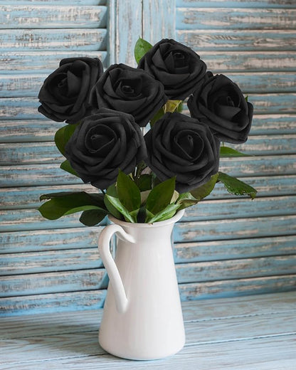 JOYLEX 100Pcs Black Artificial Flowers Realistic Roses, Real Looking Fake Roses with Stem for DIY Wedding Bouquets Centerpieces Bridal Shower Party Home Romantic Decorations (Black, 100pcs)