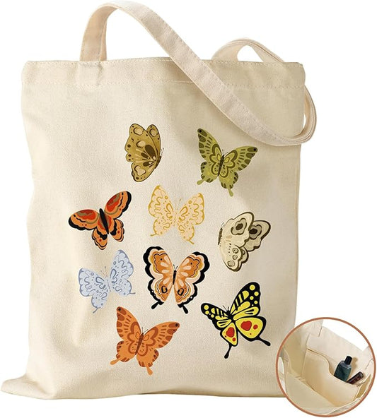 Aesthetic Canvas Tote Bag with Inner Pocket for Women, Cloth Cotton Totes Bag with Pattern for Shopping, Gym