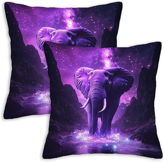 Elephant Throw Pillow Covers 18x18 Set of 2 | Wild Animal Decorative Cushion Covers | Purple Print Pillow Cases for Sofa and Bed Room | Jungle Themed Home Decor