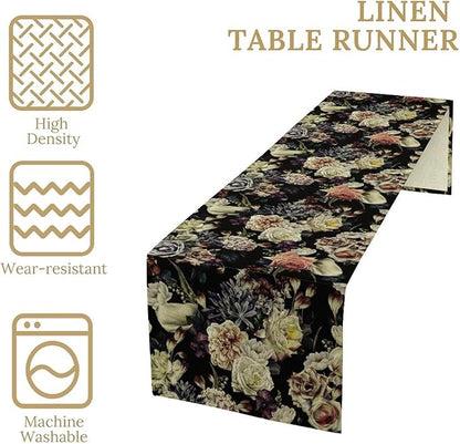 Vintage Flowers Table Runner,Black Rose Peony Gothic Floral Spring Summer Seasonal Table Runner for Home Kitchen Table Dining Indoor Outdoor Party Decor 13x36 Inch