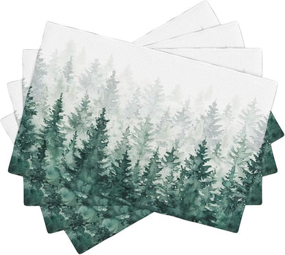 Forest Placemats, Vintage Rustic Watercolour Natural Green Misty Valley Forest Print Washable Fabric Placemats Table Kitchen Dining Party 12x18 Inch Set of 4