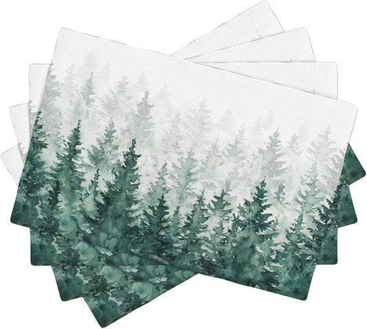 Forest Placemats, Vintage Rustic Watercolour Natural Green Misty Valley Forest Print Washable Fabric Placemats Table Kitchen Dining Party 12x18 Inch Set of 4