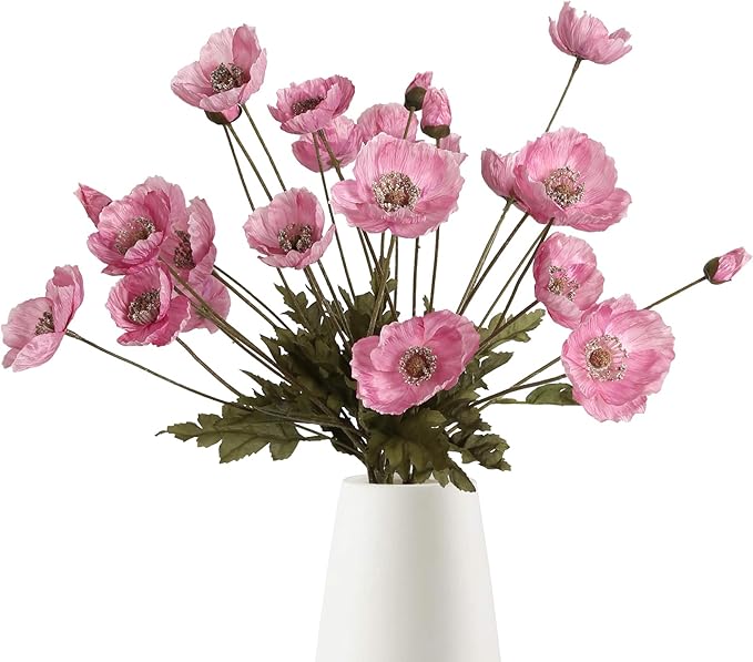 IPOPU Pink Artificial Poppy Silk Flowers 6pcs for Decoration - Faux Flowers With Stems for Wedding Centerpieces, Tables, Bridal Shower Party Decorations