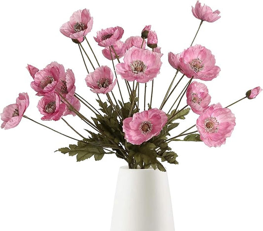 IPOPU Pink Artificial Poppy Silk Flowers 6pcs for Decoration - Faux Flowers With Stems for Wedding Centerpieces, Tables, Bridal Shower Party Decorations