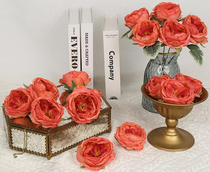 16pcs Peonies Artificial Flowers Head Red Austin Roses Vintage Burnt Flowers Silk Rose Head with Stems for DIY Flower Wedding Bouquets Centerpieces Home Decoration (Red)