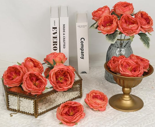 16pcs Peonies Artificial Flowers Head Red Austin Roses Vintage Burnt Flowers Silk Rose Head with Stems for DIY Flower Wedding Bouquets Centerpieces Home Decoration (Red)