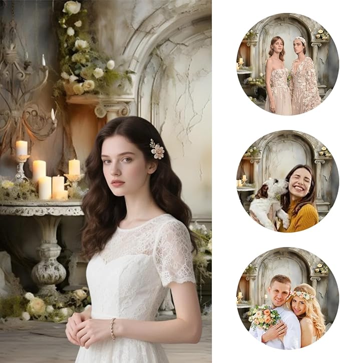 7x5ft Vintage Concrete Building Wall Backdrop Retro Candle White Floral Photography Background for Wedding Mothers Day Valentines Day Bridal Birthday Princess Couples Women Portraits