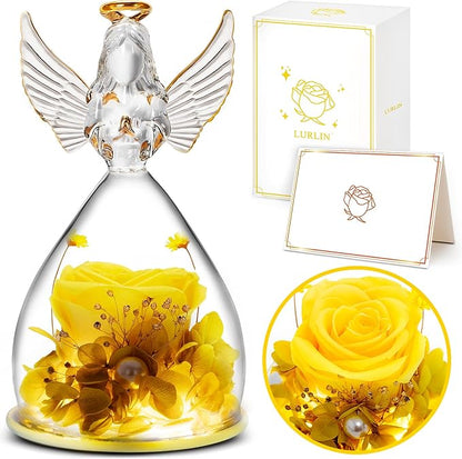 LURLIN Birthday Rose for Women, Preserved Flowers for Mom, Glass Angel Figurines With LED Forever Rose for Grandma Wife Friend Teacher, Nurse, Anniversary Day Girls Gift