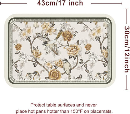 ISAENNE PVC Placemats Set of 6,Rectangular Flower and Bird Print Placemats, Waterproof and Heat-Resistant Place Mats,Decoration for Kitchen, Dining, Parties, Holiday,12"*17"