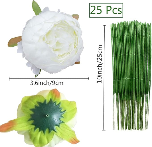 FagusHome 25 Pcs Silk Peony Artificial Flower Heads 4 inch Fake Peony Flowers Heads with Stems Artificial Peony Flower Heads in Bulk Wholesale for Wedding Home Decor (Off White)