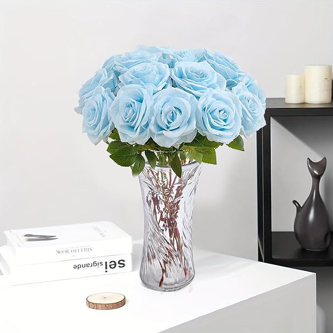 20PCS Artificial Roses with Long Stems - Realistic Silk Flowers, Fake Roses Real Touch Bouquet of Roses for Home Decor, Bridal Wedding Party Table Centerpieces, Bulk Faux Rose Flowers ( Sky Blue )