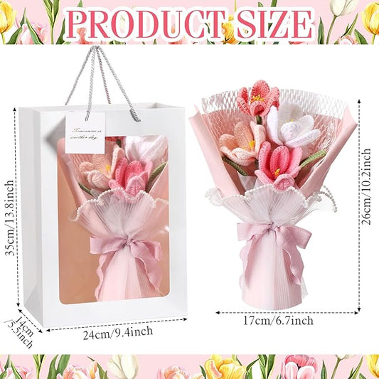 Juinte Crochet Flowers Bouquet Gift Christmas Crochet Flower Tulips Completed Handmade Knitted Bouquet with Card for Women Girlfriend Lover Appreciation Gift Birthday Wedding Teacher Decor(Pink)
