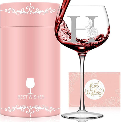 Personalized Gifts for Women, Monogrammed A-Z Wine Glass Customized Gift, Unique Christmas Birthday Gifts for Women Her Mom Friend Sister Wife Daughter Nurse (H)