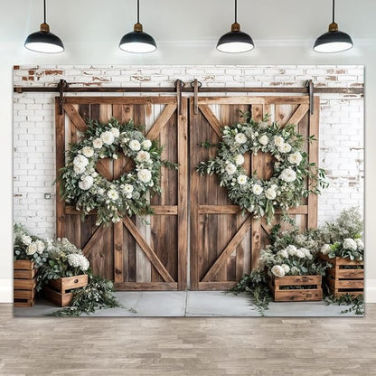 Rustic Barn Door Photography Backdrops, White Flower Wood Brown Barn Door Backdrop, Wedding Birthday Party Decors Photo Booth Props 6x4ft