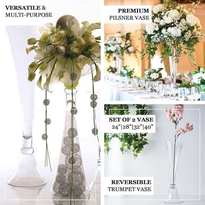 Efavormart Set of 2 | 24" Clear Reversible Clarinet Glass Trumpet Vase, Tall Glass Vases Wedding Event Home Decor