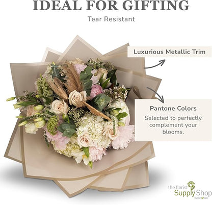 the florist Supply 20 Sheets Premium Flower Wrapping Paper | Waterproof Flower Wrapping Paper for Bouquets | Double Sided Floral Bouquet Sheets | DIY Gifts Borderline Khaki/Bronze