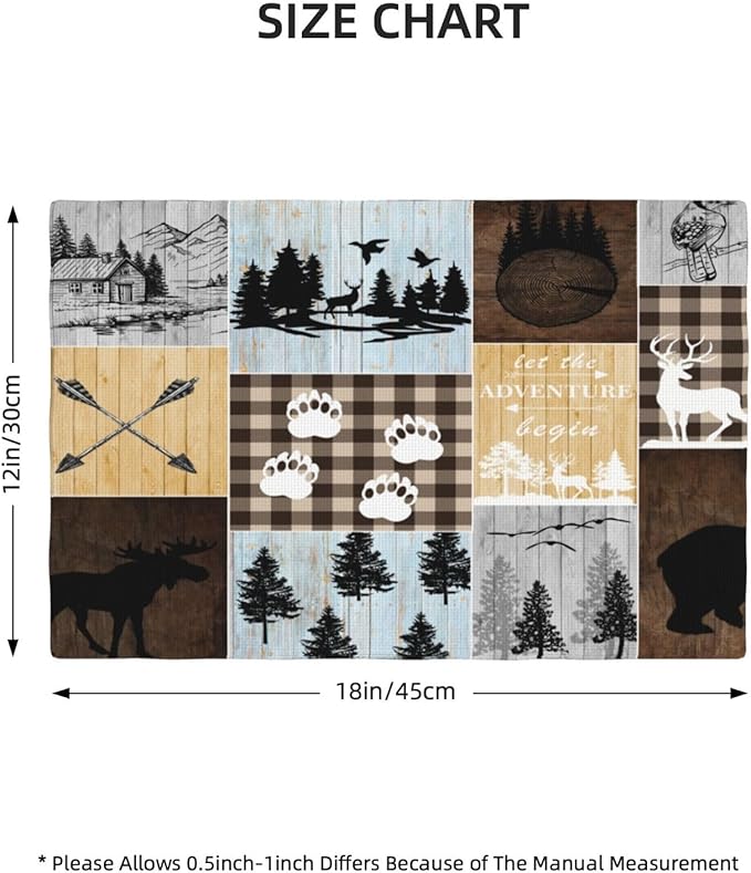 Rustic Lodge Bear Deer Placemats 6 Pcs,Vintage Cabin Pine Cone Plaid Place Mats,Linen Dining Table Mats Home Kitchen Decor, 18 X 12 Inch 6 PCS, Style-22
