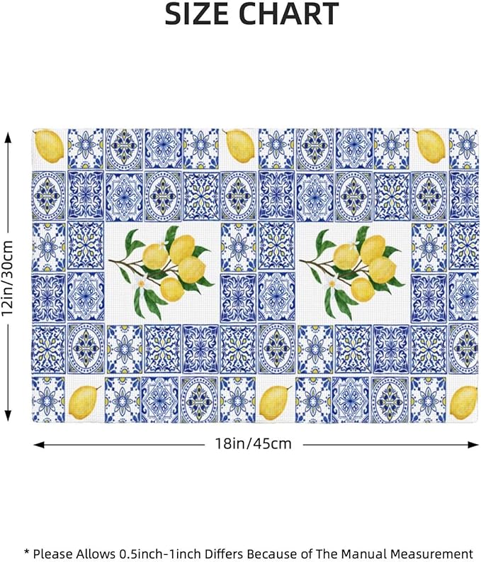 Lemon Table Placemats Set of 4 Blue Tile Print Linen Placemats for Indoor Outdoor Party Home Desktop Kitchen Dining Room Decor 12x18 Inch