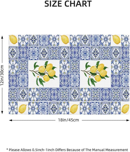 Lemon Table Placemats Set of 6 Blue Tile Print Linen Placemats for Indoor Outdoor Party Home Desktop Kitchen Dining Room Decor 12x18 Inch
