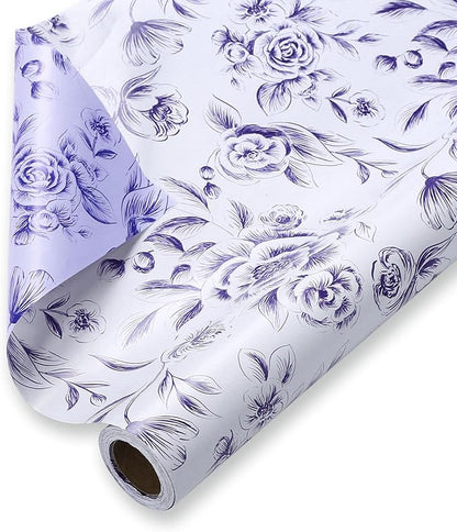 WRAPAHOLIC 30 Inch Reversible Floral Wrapping Paper Roll - 30 Inch x 33 Feet - Purple Flower Wrapping Paper for Wedding, Bridal Shower, Mother's Day, Birthday, Baby Shower