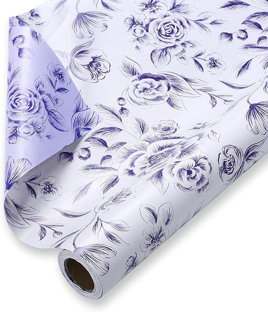 WRAPAHOLIC 30 Inch Reversible Floral Wrapping Paper Roll - 30 Inch x 33 Feet - Purple Flower Wrapping Paper for Wedding, Bridal Shower, Mother's Day, Birthday, Baby Shower