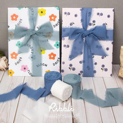 Ribbli Slate Blue Chiffon Ribbon 1-1/2 inch x 20 Yard Handmade Fringe Chiffon Silk Ribbon for Wedding Invitations, Bridal Bouquets Wrapping, Flower Arrangement Decoration