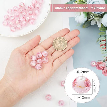 PH PandaHall 45pcs 11~12mm Pink Rose Lampwork Glass Beads Silver Foil Glass Flower Beads Floral Handmade Lampwork Bead with 1.6~2mm Hole Round Loose Bead for Rosary Making Jewelry Craft Making
