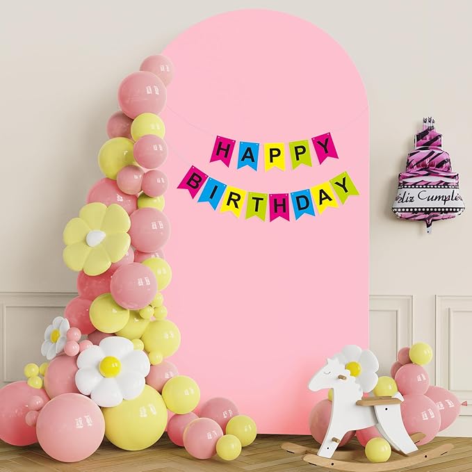 Putros 7.2ft Metal Arch Stand with Cover Pink Spandex Fitted Wedding Arch Cover and Round Top Chiara Backdrop Stand Set for Birthday Party Baby Shower Decoration