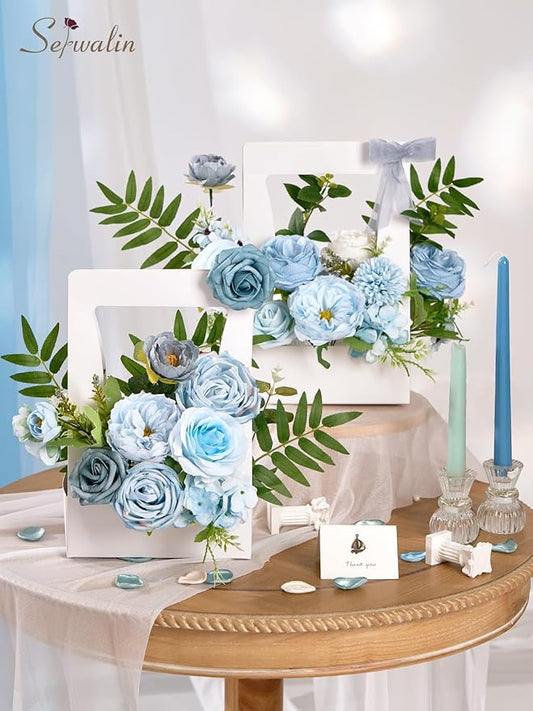Serwalin Artificial Flowers,Blue Silk Fake Flowers Box for DIY Wedding Bridal Bouquet, Wedding Cake Flowers for Table Centerpieces Birthday Party Bridal Shower Home Decorations