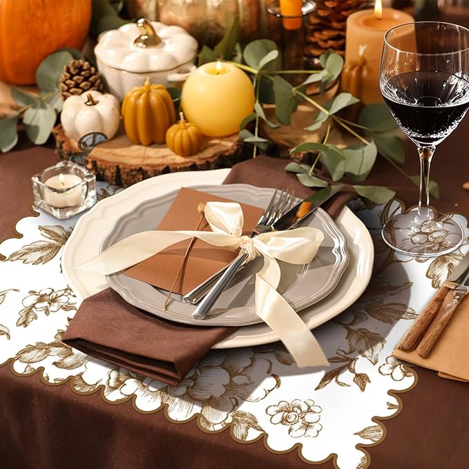 100 Pcs Brown Floral Paper Placemat Scalloped Disposable Chinoiserie Paper Table Placemats Brown Place Mats for Birthday Wedding Banquet Holiday Party