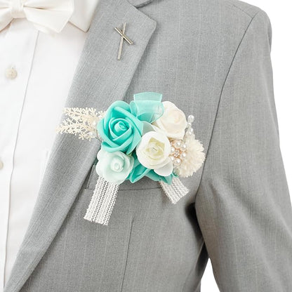 TINGE TIME Boutonniere for Men Wedding,Groom and Best Man Boutonniere for Wedding, Prom, Homecoming, Anniversary, Graduation, Christmas Dinner (1, Teal Blue & Champange)