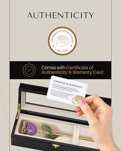 Forever Rose Hand-Dipped in 24K Gold, Amethyst-Inspired February Birthstone with Sparkles, Real Rose in Leather Case with LED Light – Perfect Ready to Gift for February Birthday or Any Occasion