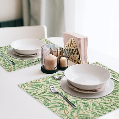 William Morris Vintage Botanical Placemats Set of 4, Retro Leaves Boho Plant Place Mats, Heat Resistant Non Slip Cotton Linen Dining Table Mats for Home Kitchen Party 18x12 Inch