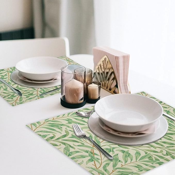 William Morris Vintage Botanical Placemats Set of 6, Retro Leaves Boho Plant Place Mats, Heat Resistant Non Slip Cotton Linen Dining Table Mats for Home Kitchen Party 18x12 Inch