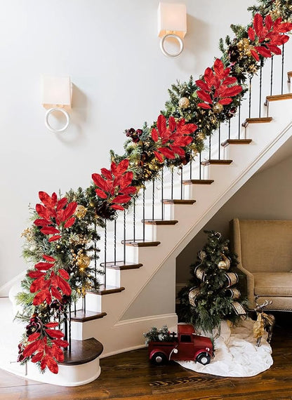 3pcs 31 inch Red Glitter Magnolia Leaf Sprays Artificial Christmas Tree Picks Sprays, Glittery Stem Ornaments for Christmas Tree Winter Wreath Swag Wedding Bouquet Centerpiece
