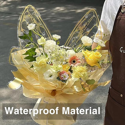 LLBWKC 20 Sets Butterfly Flower Wrapping Paper, Waterproof Butterfly Flower Bouquet Wrapping Paper, OPP Clear Floral Wraps for Florist Supplies, Gift Packaging, DIY Craft 20x22 in (Gold Butterfly)