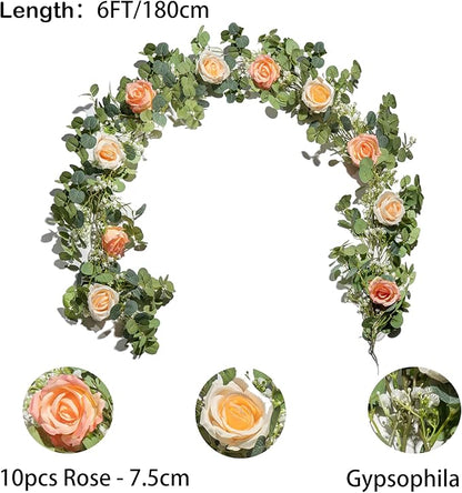 6FT Artificial Eucalyptus Garland with 10 Pink Roses and Baby Breath Flower Greenery Garland for Table Centerpiece Party Wedding Decor Indoor Outdoor Backdrop Wall Decorations