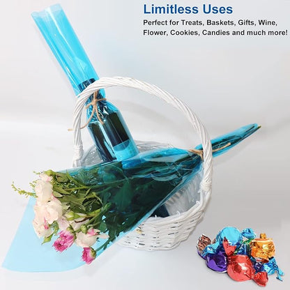 100 ft x 34 in Extra Wide Cellophane Wrap Roll Blue, Translucent Cellophane Roll for Gift Baskets Wrap, Colored Cellophane Wrapping Paper for Treats, Candies, Holiday, Birthday, Baby Shower Decoration