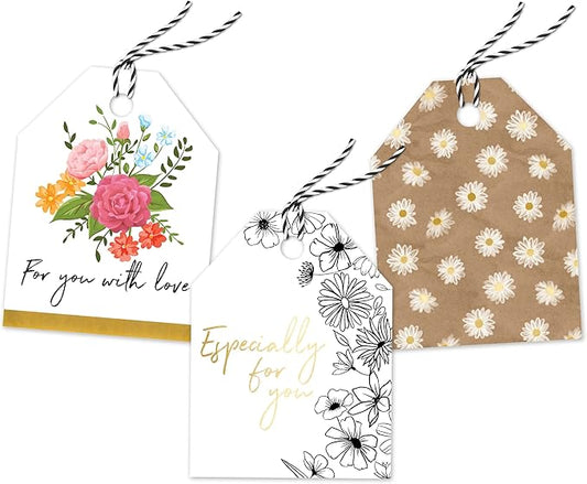 Pro Supply Global Spring Floral Theme Gift Tags - 2.5x3 Inch 24 Pack with 3 Design Styles Assorted Cardstock Prints Pre-Strung Hanging Labels Suitable for Wrapping Favors DIY Presents & Packaging Bags