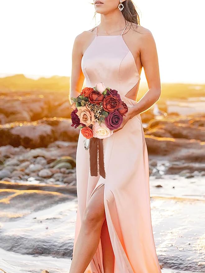 Rinlong 1Pc Fall Wedding Bouquets for Bridesmaids Bride Burnt Orange Terracotta Bridesmaid Bridal Bouquet for Wedding Prom
