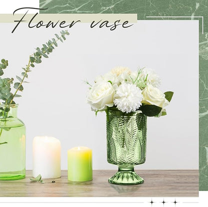 6 Pcs (H:7" W:4") Embossed Flower Vase Fall Pedestal Glass Vase Big Base Thickened Crystal Vintage Vases for Autumn Wedding Home Decor Table Centerpiece House Warming Gifts(Green)