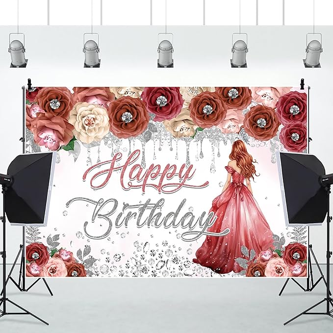 AOFOTO Happy Birthday Backdrop Red Beige Pink Rose Floral Diamond Print Photography Background for Women Girls Birthday Party Banner Home Wall Decor Photo Studio Booth Props 10x7ft