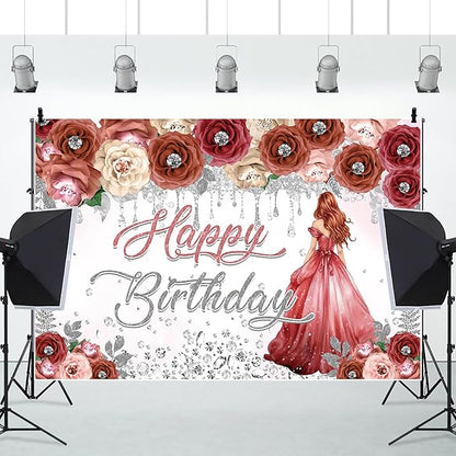 AOFOTO Happy Birthday Backdrop Red Beige Pink Rose Floral Diamond Print Photography Background for Women Girls Birthday Party Banner Home Wall Decor Photo Studio Booth Props 12x8ft