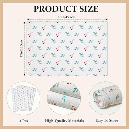 Cotton Linen Waterproof Placemats Set of 4, Berries Dining Mat Table Mats Decor Fabric for Kitchen Dinner Coffee Shop Table, Indoor/Outdoor Washable Wipeable Placemat -N033