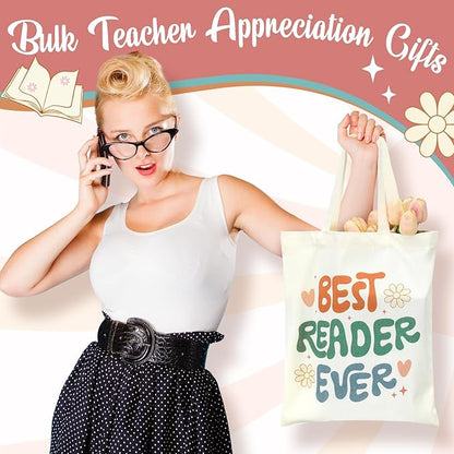 Sweetude 8 Pcs Christmas Book Lovers Club Gifts Bulk Canvas Tote Bags Bookish Librarian Reader Gift for Women Teacher Present(Retro)