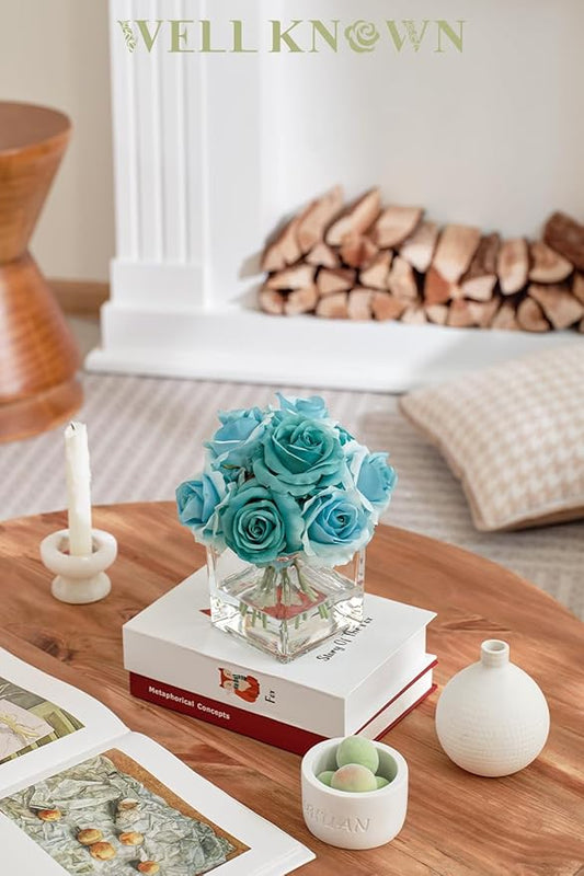 WELL KNOWN Rose Artificial Flowers in Vase with Faux Water, Silk Rose Table Centerpieces for Home Coffee Table Decor, Fake Roses Flower Arrangements for Office Hotel Lavatory Decor (Teal Blue)